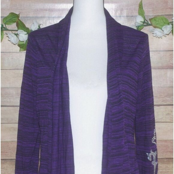 Absolutely Famous Purple Heathered Open Front Cardigan Sweater Size L Studded - Picture 2 of 12